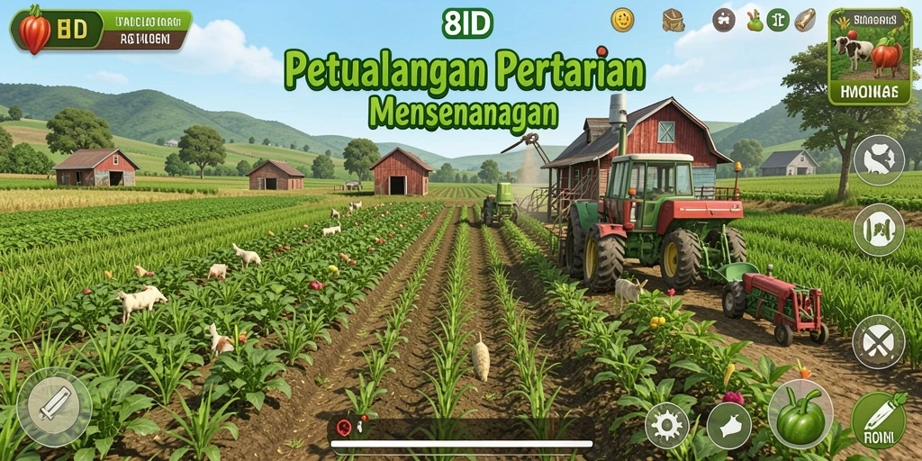 Tampilan gameplay Farming di 8ID yang menarik dan berwarna-warni.